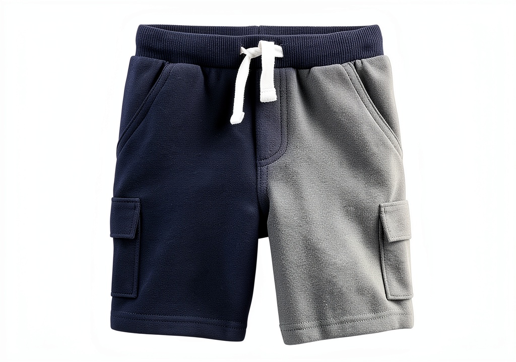Boys wearing Carter's knit cargo shorts in Navy/Grey playing outdoors