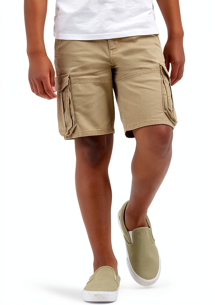 Wrangler boys' cargo shorts in Storm Grey color on a child playing outdoors