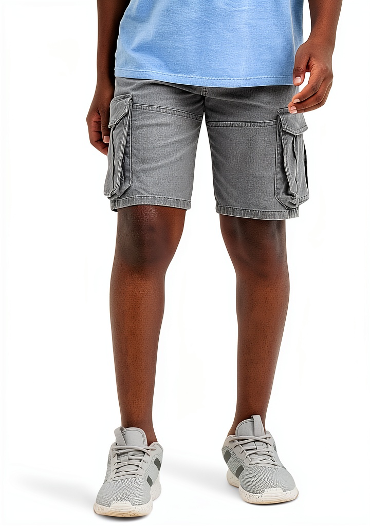 Wrangler boys' cargo shorts in Storm Grey color on a child playing outdoors